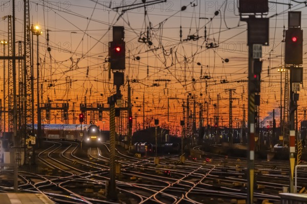 Track apron with trains, rails, points, pylons and signalling systems. Infrastructure at the main