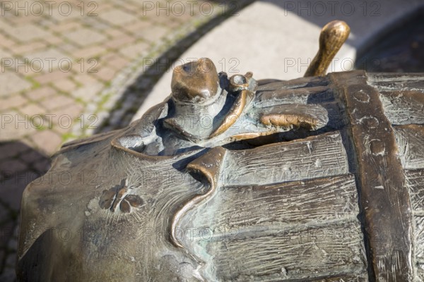 Detail on the boot fountain on the Niedermarkt, Döbeln, Saxony, Germany, Europe