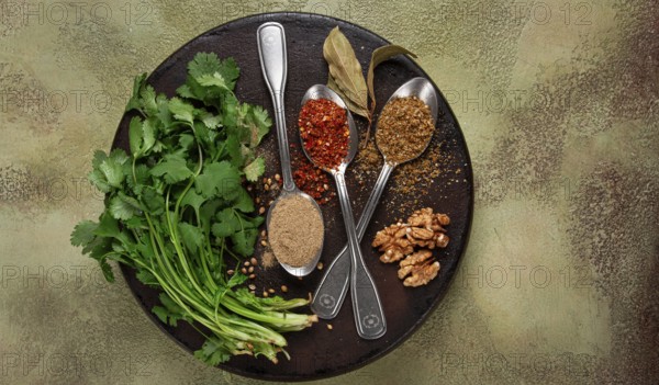 Georgian spices in spoons, on ketsi, top view, no people