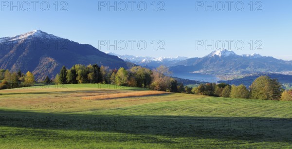 View from Zugerberg to Lake Lucerne, Rigi and Pilatus in the background, Canton Zug, Switzerland,