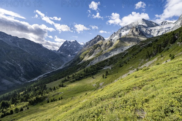 Mountain landscape near Arolla, behind mountain peak Mont Collon, Valais, Western Alps Switzerland