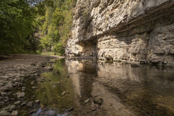 Rock face and the river Wutach in the Wutach Gorge, Black Forest, Baden-Württemberg, Germany,