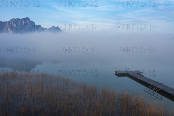 Drone shot, reed belt with bathing jetty in the morning fog, Mondsee, Salzkammergut, Upper Austria,