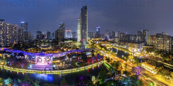 Chengdu skyline with Anshun Bridge over Jin River at night panorama in Chengdu, China, Asia