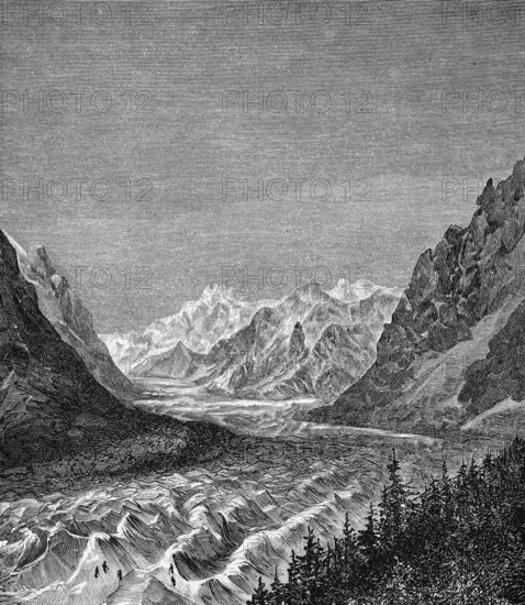 Mountain landscape with the glacier Mer de Glace, sea of ice, in the Mont Blanc region of the