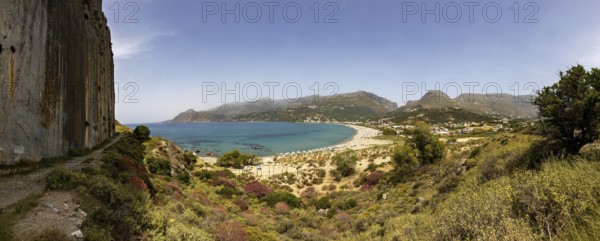 View from the Sarella peninsula to the bay and beach of Plakias, south coast, Crete, Greece, Europe