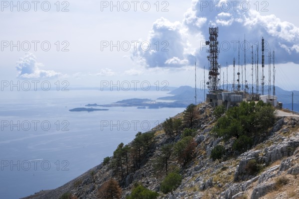 Pantokrator, Corfu, Greece, Antenna system on Mount Pantokrator with a view over the Ionian Sea