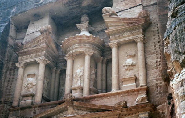 Details of stone carvings in the treasury building at the archaeological site of Petra, Jordan,