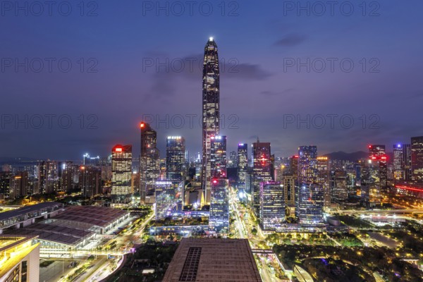 Skyline with skyscrapers city centre Futian district at night in Shenzhen, China, Asia
