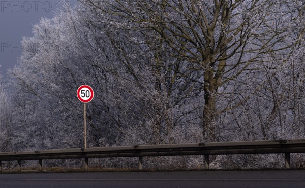 Traffic sign, traffic sign, 50 km per hour, urban, speed limit, icy, hoarfrost, rime, winter,