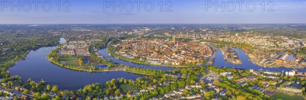 Aerial view over the river Trave and church towers in the old town of the Hanseatic City of Lübeck