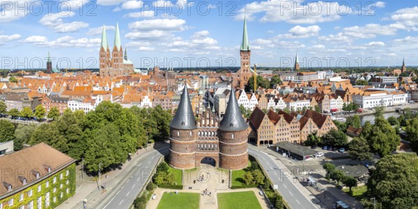 Holstentor Holsten Tor aerial view panorama in the Hanseatic city of Lübeck, Germany, Europe