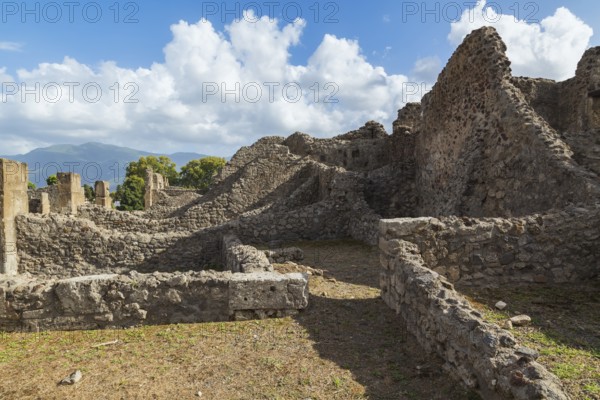 Old stone wall structures of varying heights and remnants of residential buildings at the ancient