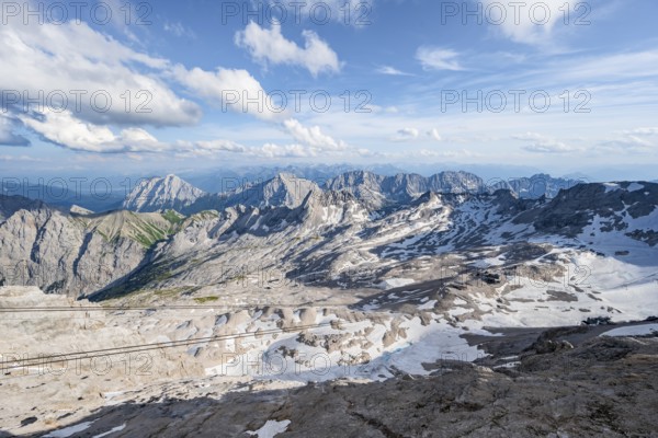 Zugspitzplatt with snow remains, mountain panorama from the summit of the Zugspitze, Wetterstein