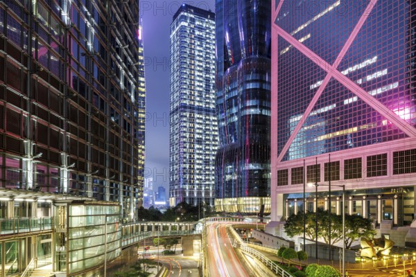 Hong Kong at night traffic with skyscrapers in Central district in Hong Kong, China, Asia