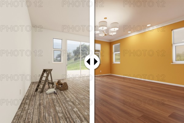Before and after slider comparing the unfinished condition and the completed yellow painted and
