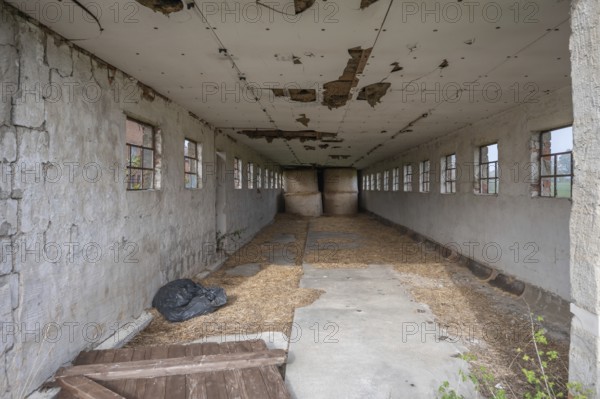 Vacant round bale warehouse of a former LPG of the former GDR, Mecklenburg-Vorpommern, Germany,