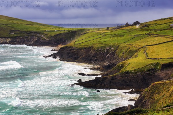 Coastline with cliffs, Slea Head viewpoint, dramatic light, Slea Head Drive, Dingle Peninsula,