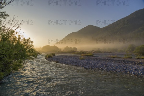 Isar valley nature conservancy area. The wild Isar river flows through its gravel bed past