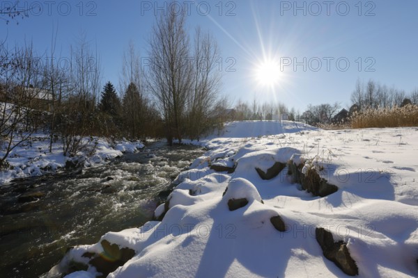 Dortmund, North Rhine-Westphalia, Germany - Sunny winter landscape in the Ruhr area, ice and snow