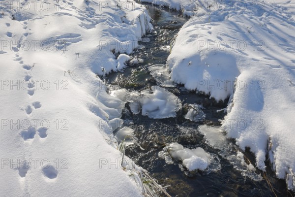Bochum, North Rhine-Westphalia, Germany - Sunny winter landscape in the Ruhr area, ice and snow on