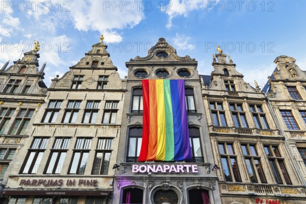Guild houses, façade with rainbow flag, typical architecture on the Grote Markt, Antwerp, Flanders,