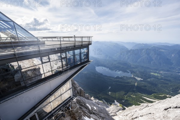 Modern mountain station of the Bavarian Zugspitze railway, mountain railway, view from the summit