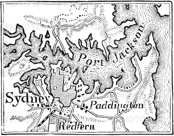 Topographic map of Sydney and environs, 19th century, Port Jackson, Paddington, Redfern, roads,