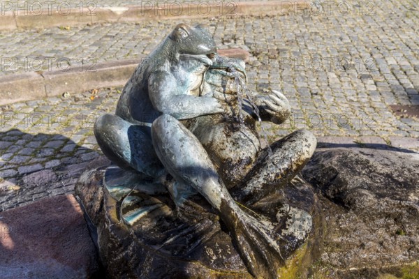 Detail of the frog fountain on the market square, Hartha, district of Central Saxony, Saxony,