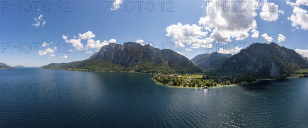 Drone image, Weißenbach am Attersee with Höllengebirge, Salzkammergut, Upper Austria, Austria,