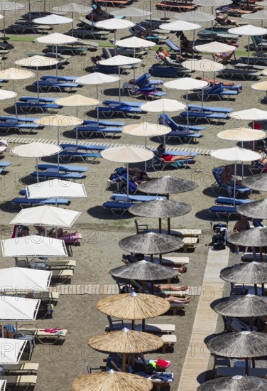 Parasols on Agia Galini beach, Agia Galini, south coast, Crete, Greece, Europe