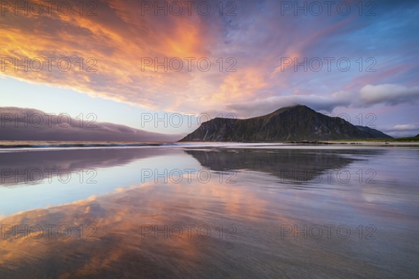 Sunset on the beach at Skagsanden, Flakstad, Lofoten, Norway, Europe