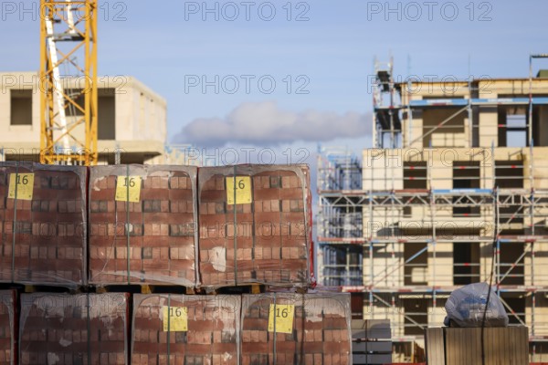 Bedburg, North Rhine-Westphalia, Germany, building material, clinker bricks packed on pallets,