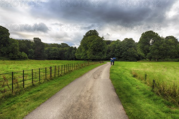 Walkers on hiking trail in the park, rain clouds, Muckross House & Gardens, Killarney National
