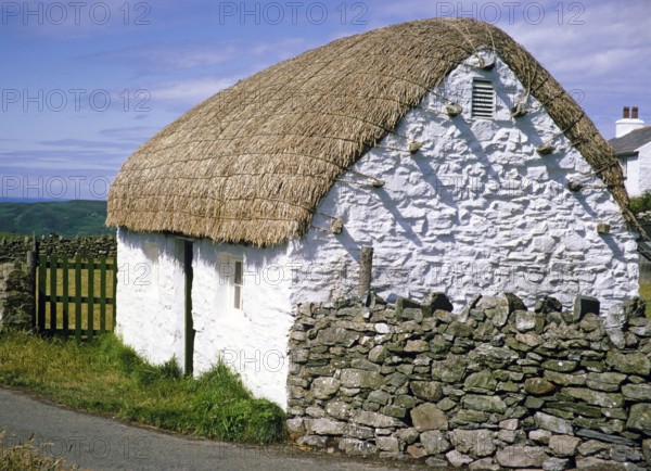 Traditional thatched house, Manx Cottage, Cregneish, Isle of Man, British Crown Colony, around