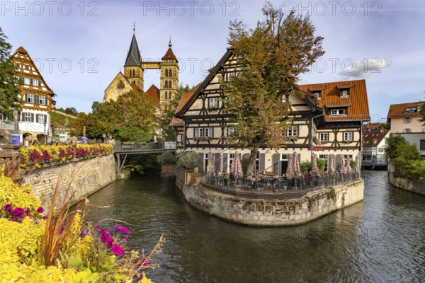 View from the Agnes Bridge to the Roßneckarkanal, half-timbered house with gastronomy and the