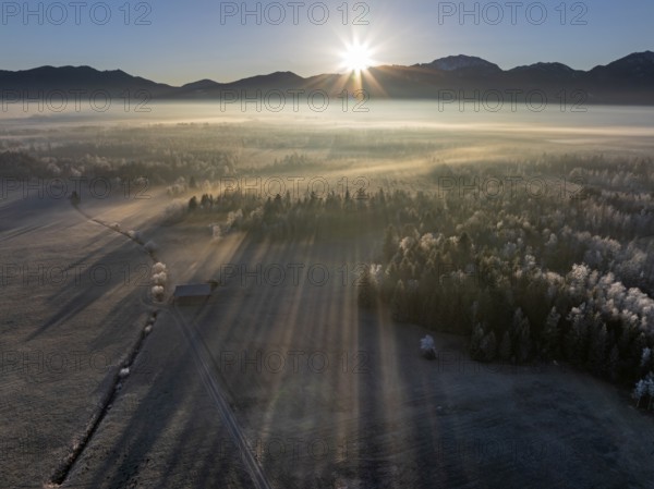 Sunrise, fog, hoarfrost, mountains, winter, forest, backlight, aerial view, Loisach-Lake Kochel