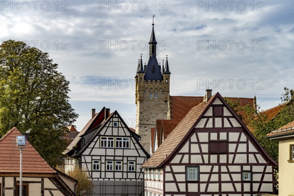 Blue Tower and half-timbered houses in Bad Wimpfen, Kraichgau, Baden-Württemberg, Germany, Europe
