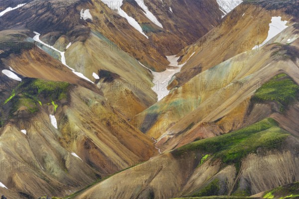 Small river between colourful rhyolite mountains, volcanic landscape, erosion landscape, view from