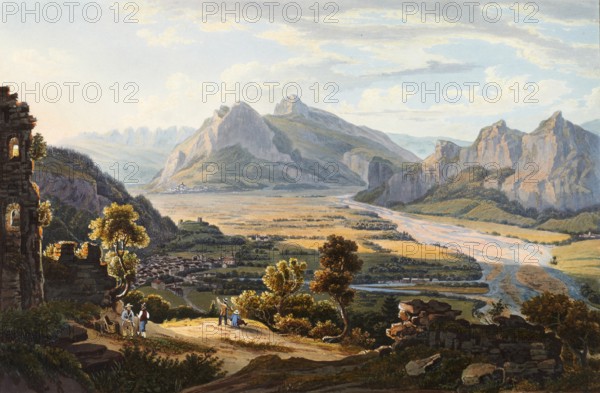 View of the Haldenstein ruins above Ragatz and the town of Sargans, in the Swiss canton of