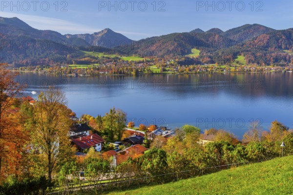 Panorama of town and lake with view to the lakeshore of Bad Wiessee in autumn, town Tegernsee,
