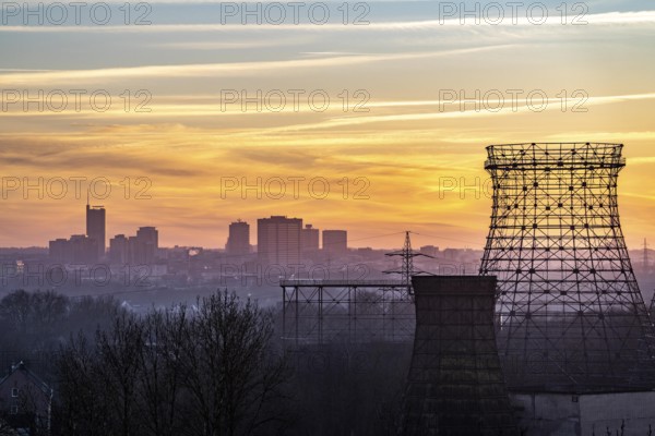 Skyline of the city centre, seen from Zeche Zollverein, skeleton of the coking plant's cooling