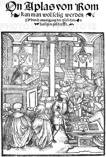 Facsimile, title page of a pamphlet from the early days of the Reformation, depiction of the trade