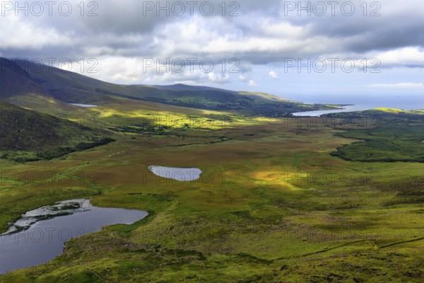 View from Connor Pass, also Conor Pass, to Brandon Bay, coastline, Dingle Peninsula, County Kerry,