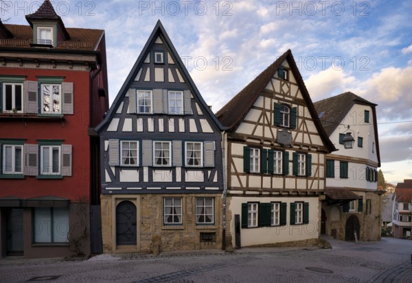 Row of houses with birthplace of Friedrich Schiller, Schiller town Marbach am Neckar, evening