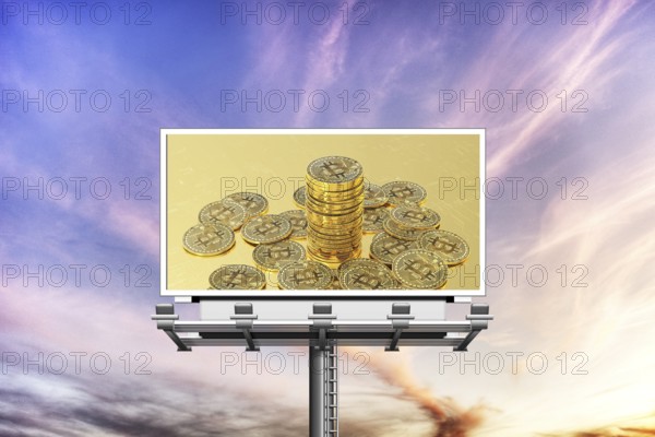 Symbolic image, Bitcoin on billboard, questionable vision of the future, stock market prices,