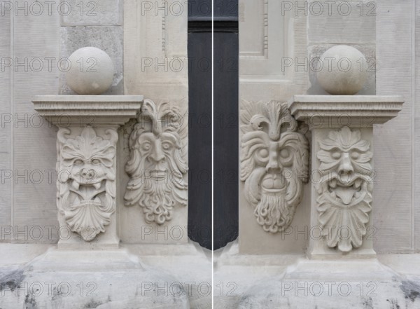 Grotesques on the capstones of the entrance portal of the Knaufmuseum, Iphofen, Lower Franconia,