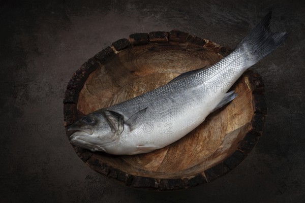 Fresh, raw sea bass fish, in a wooden plate, top view, no people