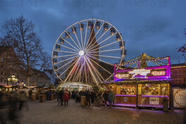 The winter village with Ferris wheel, Christmas market at dusk, Jakobsplatz, Nuremberg, Middle