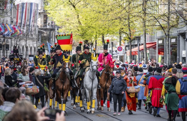 Parade of historically costumed guildsmen, Sechseläuten or Sächsilüüte, Zurich Spring Festival,